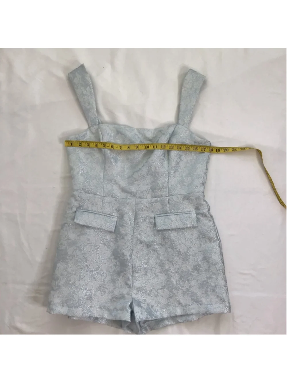 LENA Women Elegant Light Blue Silver Floral Brocade Romper L